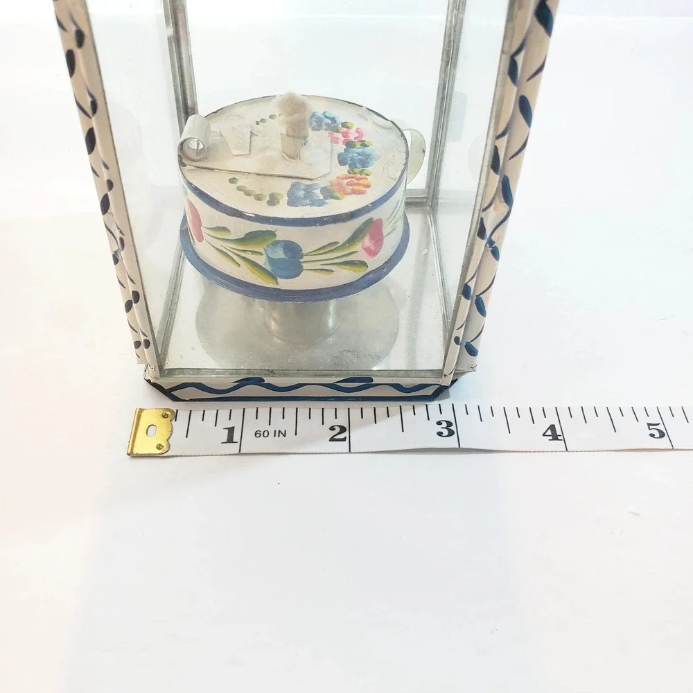 Vintage Primitive Folk Art Tin & Glass Hand Painted Floral Oil Lantern Portugal